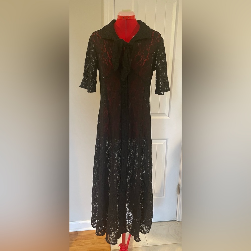 Gorgeous Gothic Vintage 80s Does 20s-30s Style Black Lace Sheer Midi Dress